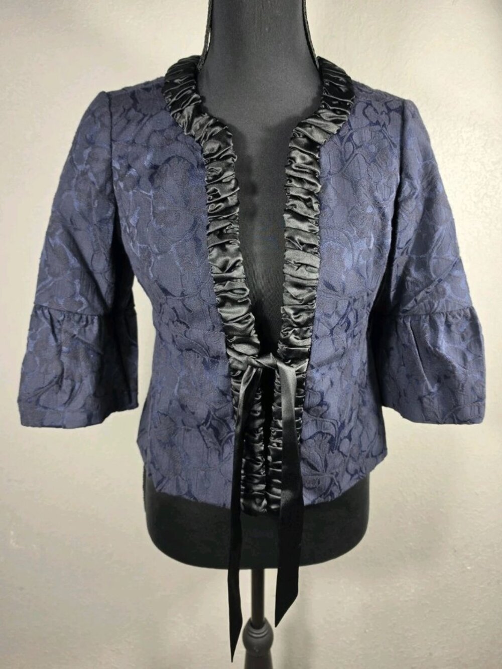 Ann Taylor Loft Petites Jacket Blazer Size 00P Womans Blue Jacquard Ribbon Tie